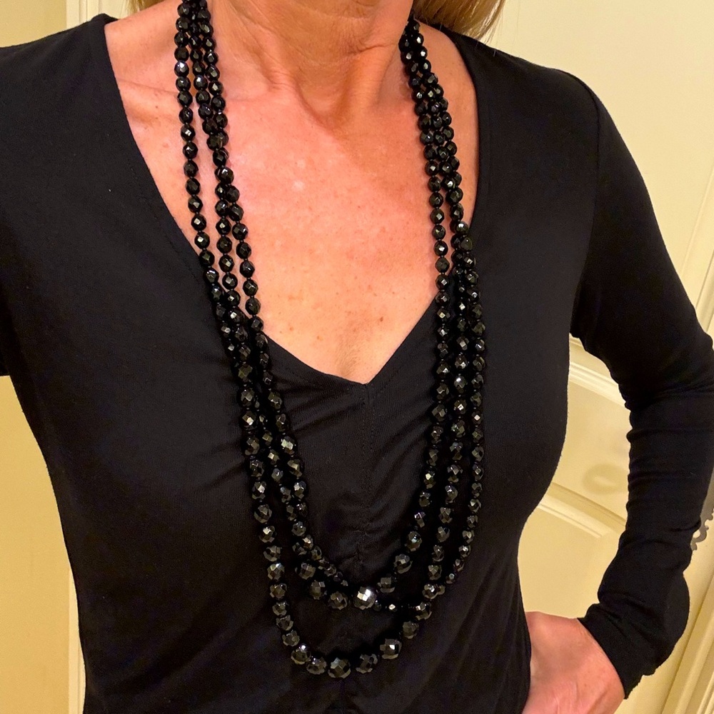 M&J Savitt Black Three-Strand Beaded Necklace with Faceted Beads 17 Inches Long
